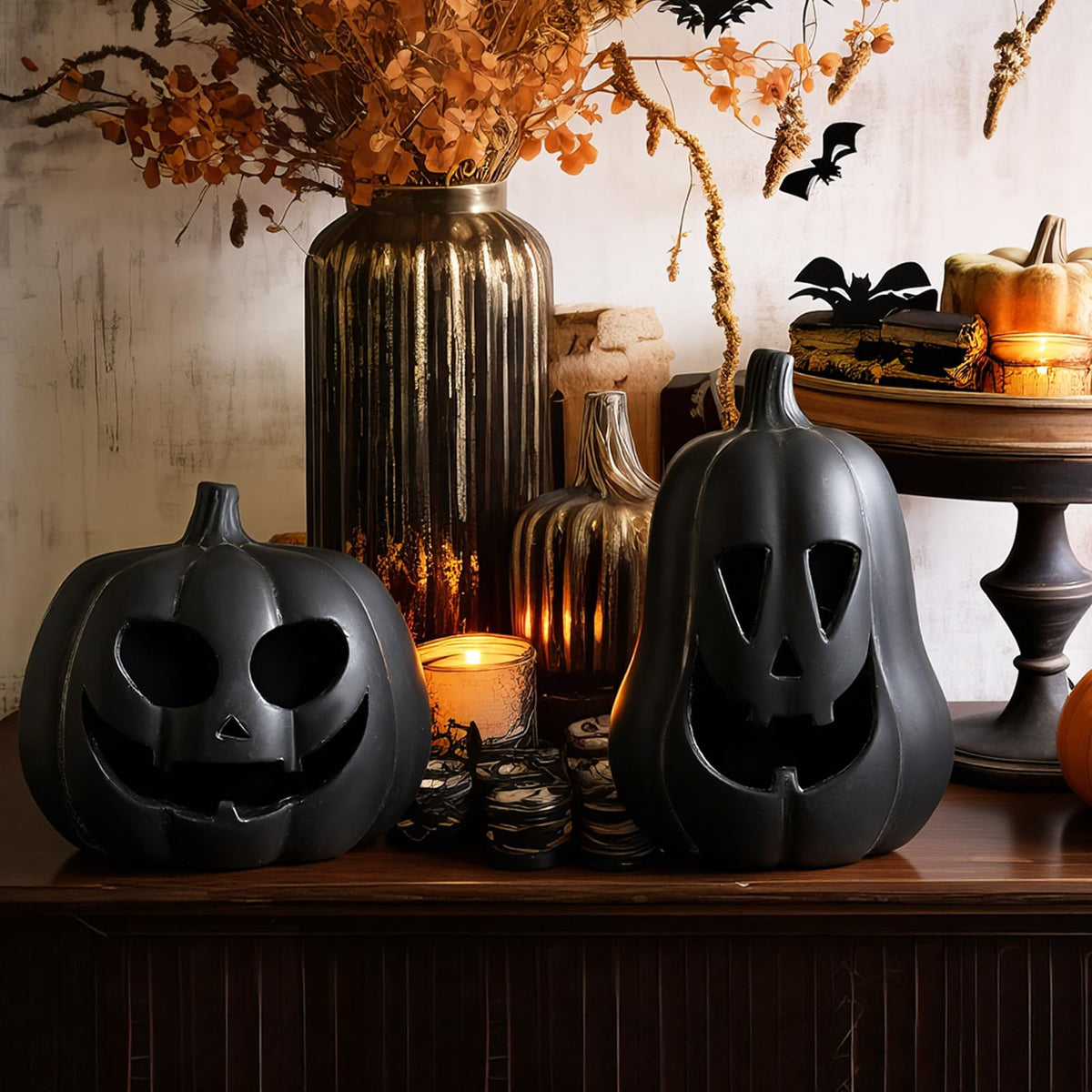 Tioncy 2 Pack Terracotta Pumpkin Decoration Handmade Brown Clay Pumpkin Jack-o-Lantern Halloween Tealight Holder Rustic Farmhouse Fall Home Decor for Table Porch Mantel Indoor Centerpieces (Black)