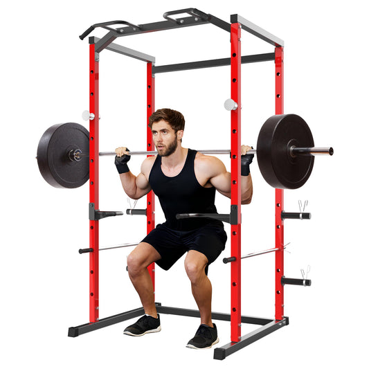 Garvee Power Cage, Squat Rack for Home Gym, 1100LB Capacity Power Rack with Pull-Up Bar, Adjustable Safety Bars, Strength Training for Home Gym, Red