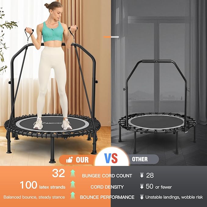 ANCHEER 40" Foldable Mini Trampoline,Max Load 450lbs/550lbs Indoor Trampoline,with 4 Level Adjustable Foam Handle and Resistance Bands,Adult Exercise Trampoline for Home, Garden, and Gym