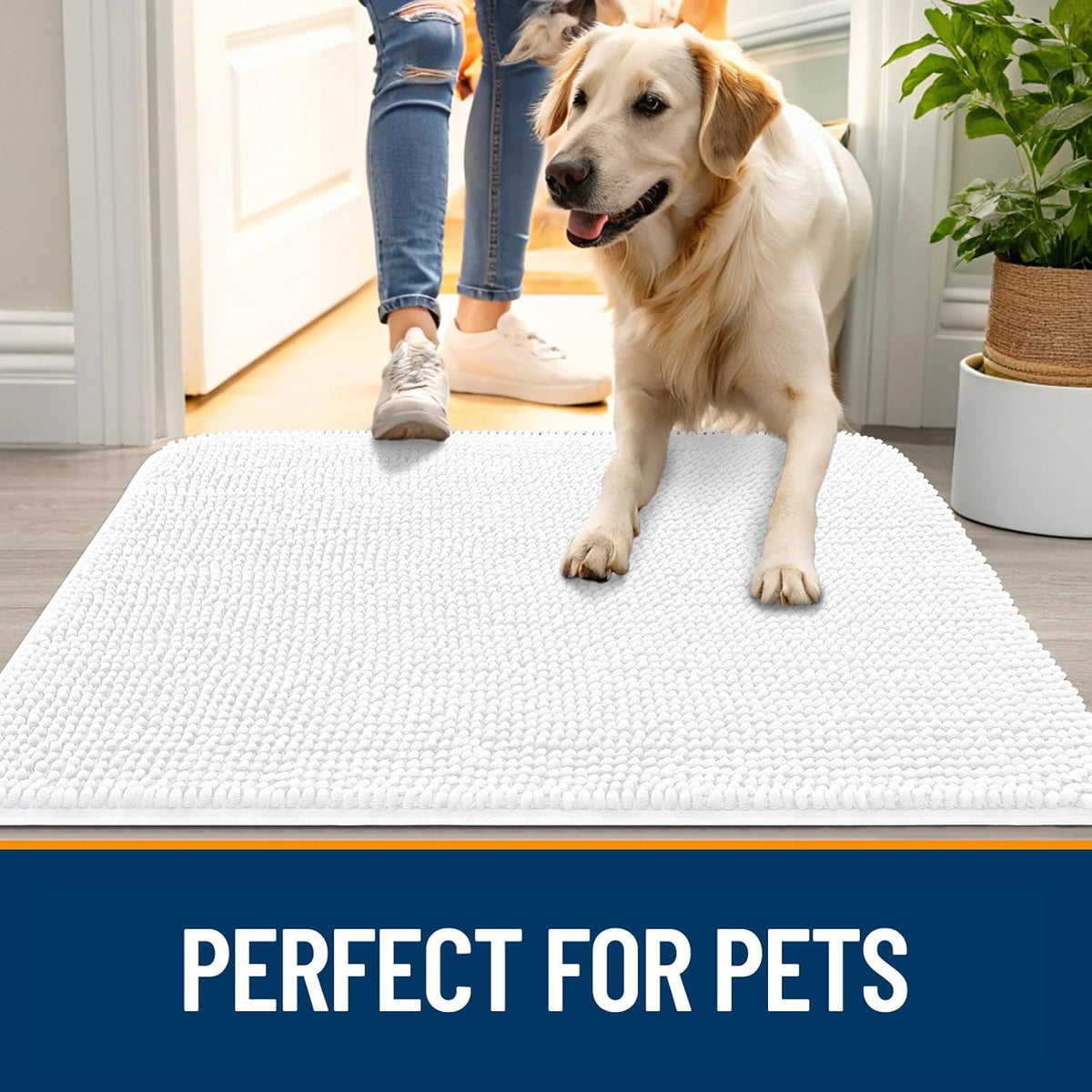OLANLY Dog Door Mat - Absorbent Non-Slip Washable Chenille Mat for Muddy Paws | 59x32 Inches, White