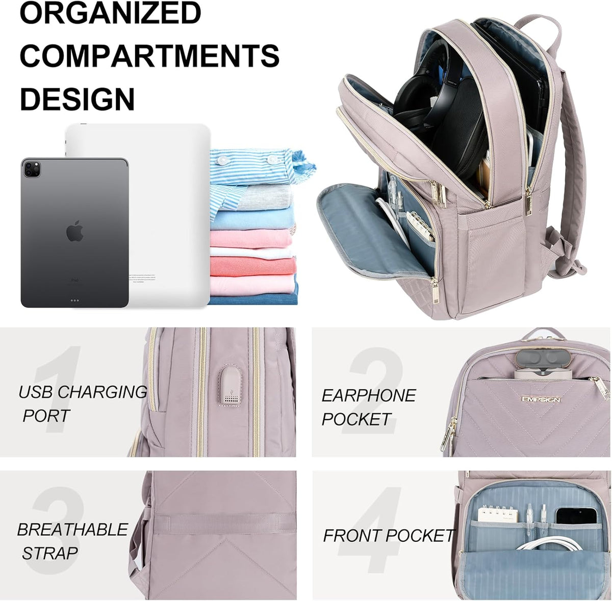 Backpack 15.6 Inch Backpack, 30L Backpack, EMPSIGN Laptop Purse for Women and Men with USB Charging Port, Travel Water