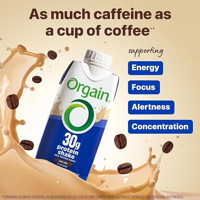 Orgain 30g High Protein Shake, Café Latte, 5g BCAAs, 1g Sugar Per Serving, Caffeine from 1 Cup of Coffee, Milk Isolate, Meal Replacement, Ready to Drink, Keto Friendly, Gluten-Free 11 Fl Oz (12 Pack)