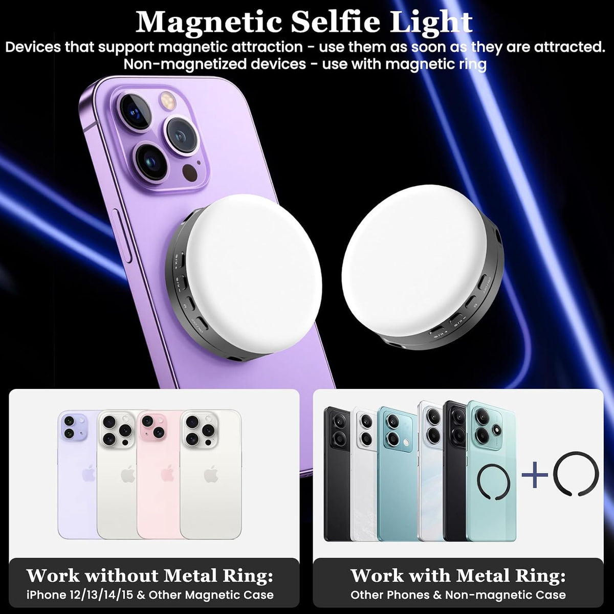 Auriani Magnetic Selfie Light, Metal-Shell Ring Light, Rechargeable,Portable Phone Light for Phone & iPhone,LED Fill