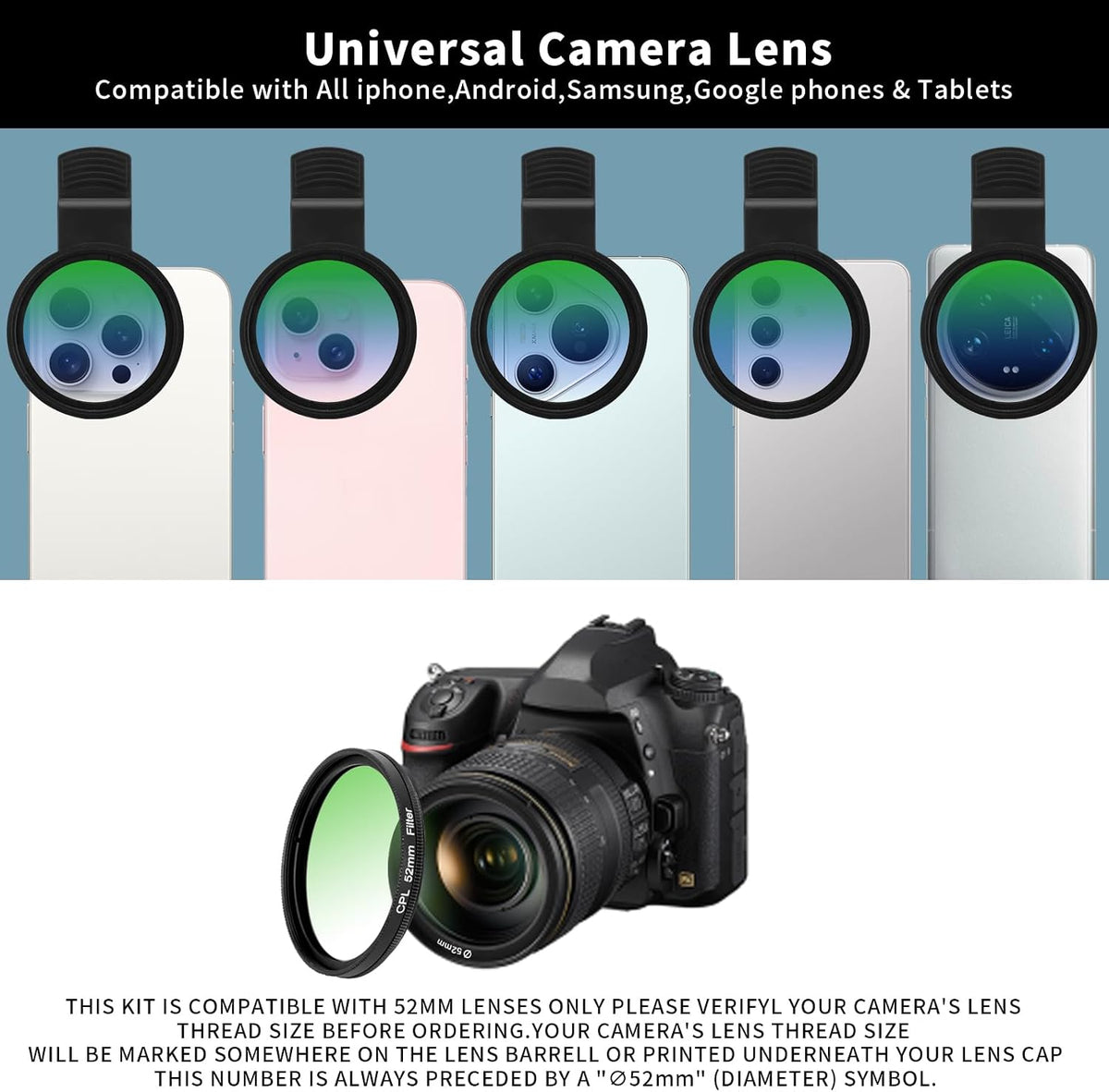 Beysfilter 52MM 16 15 14, CPL Filter for Phone, Clip-on Circular Polarizing Lens, HD Multi-Coated Optical Glass, Camera