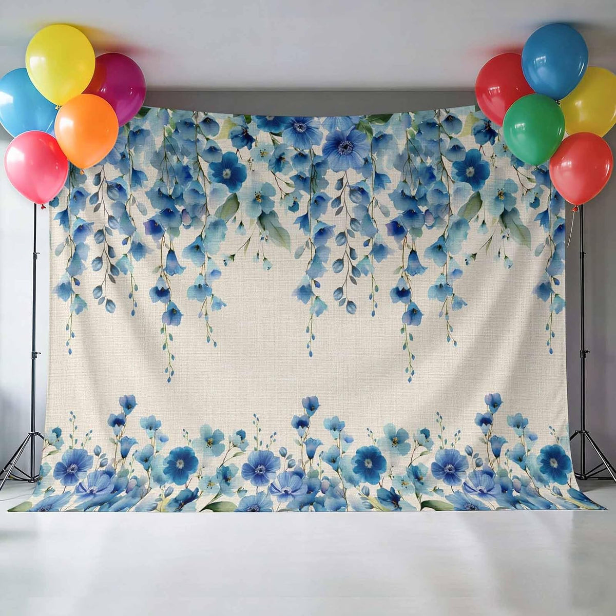 VANPTBNHS 12x8ft Curtain,Country Photography Backdrop,Retro Blue Flowers on Jam Professional Photography Background