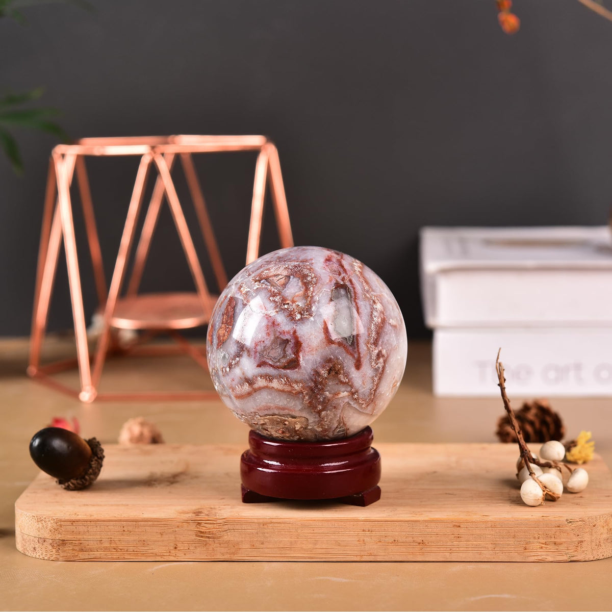 JIC Gem Natural Striped Agate Crystal Sphere Healing Crystal Decorative Ball with Wooden Stand Meditation Balls for Witchcraft Reiki Gift 50-60mm