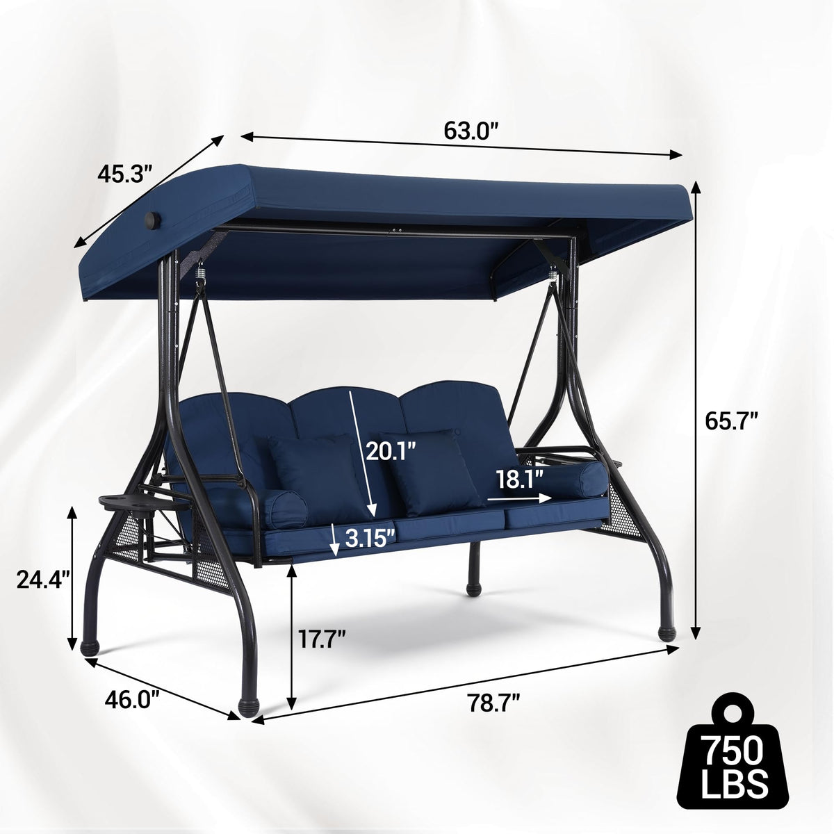 WINVO 2 in 1 Convertible Patio Swing Bed, 3-Seat Outdoor Porch Swing with Adjustable Canopy, Patio Glider Swing for Adult, with Cup Holder and Pillow for Backyard, Blue