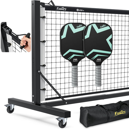 Fostoy Pro Aluminum Pickleball Net with Carbon Fiber Paddle, Dual-Side Tension Lock System, Locking Wheels, 22FT Tournament Regulation Size for Outdoor Court, Driveway & Gym, Easy Setup, Carry Bag