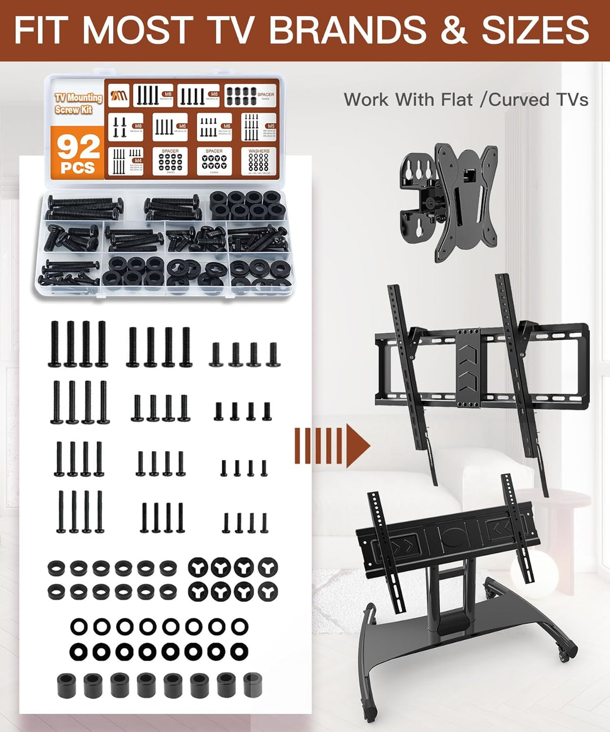 Solid As Mountain 92PCS Set M4 M5 M6 M8 80", Universal TV Mounting Hardware Screw Kit - Screws, Spacers and Washers