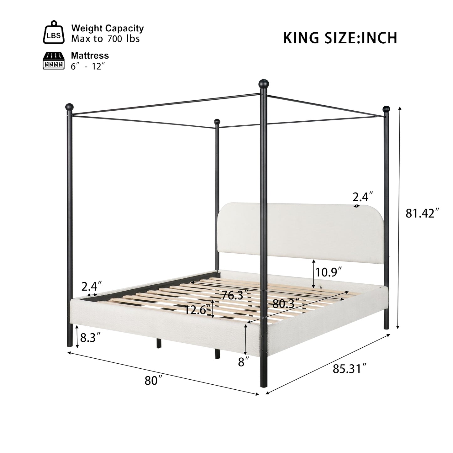 Merax King Size Canopy Bed with Upholstered Headboard, Modern Platform Bed Frame with Iron Legs, No Box Spring Needed
