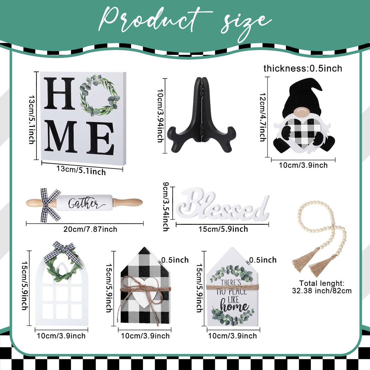 Yalikop 10 Pcs Farmhouse Decor for Tiered Tray, Black White Buffalo Plaid Gnome Wooden Mini Sign Rustic Table Ornaments for Kitchen Table Decor, Housewarming Gift (Cute Style)