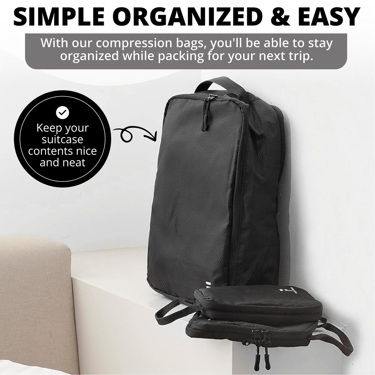 8 Piece Compression Packing Cubes Set - Double Capacity Design for Travel - Small, Medium & Large Sizes - Carry-On Suitcase Organizer Bags (Black)