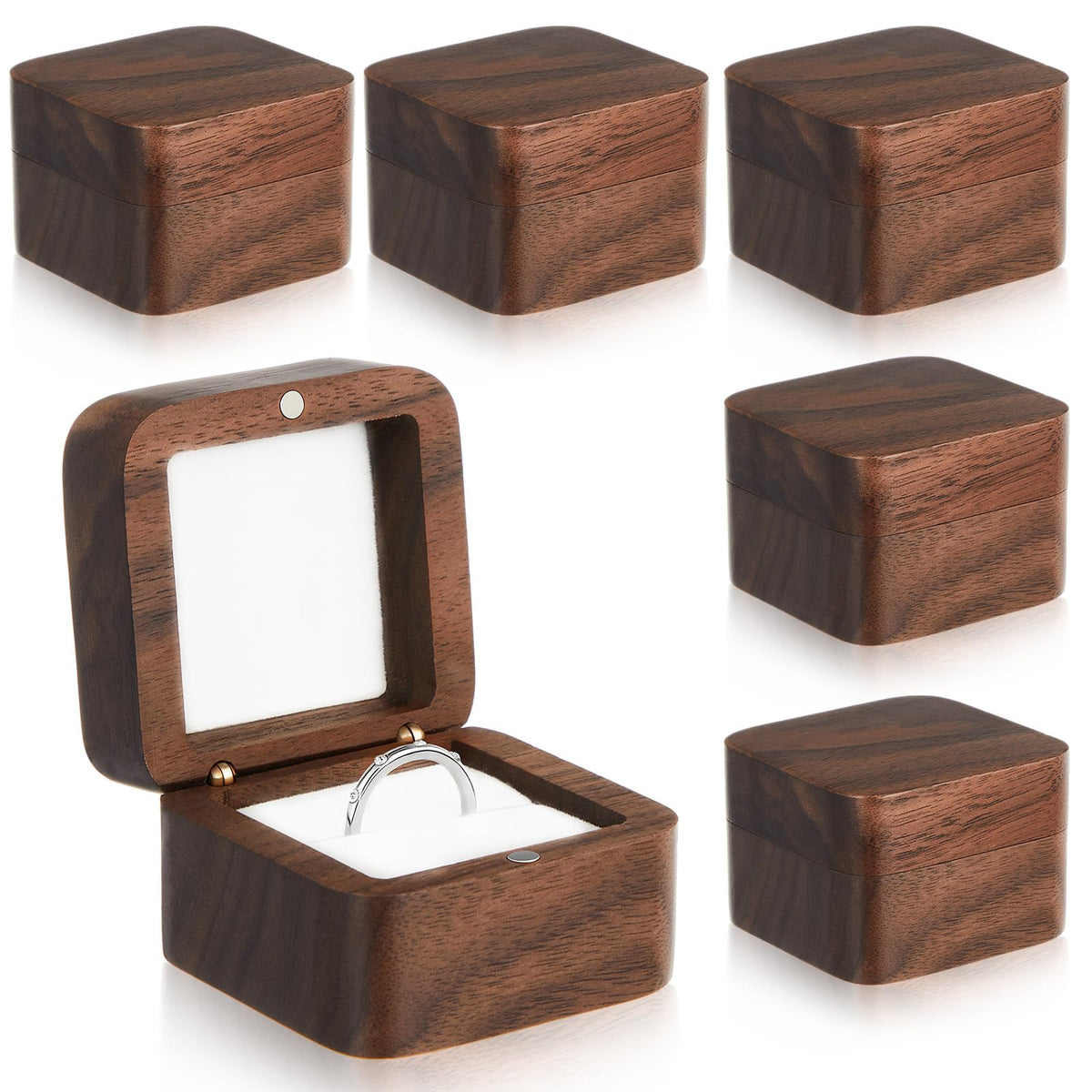 Loetere 6 Pcs Square Wooden Ring Boxes for Wedding Ceremony Proposal Mini Engagement Ring Gift Holder Single Slot Small Vintage Cases Handmade Retro Solid Rustic Jewelry Storage Box (White)