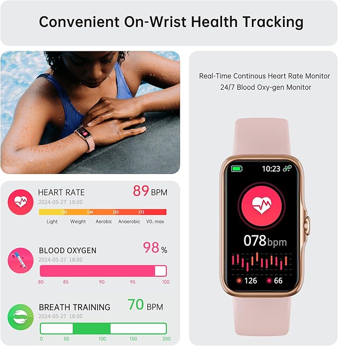Health Fitness Tracker, Smart Watch with 24/7 Heart Rate and Blood Oxygen Monitor, Sleep Tracker with IP68 Waterproof, Activity Tracker Pedometer Step Counter for Women Men (Pink)