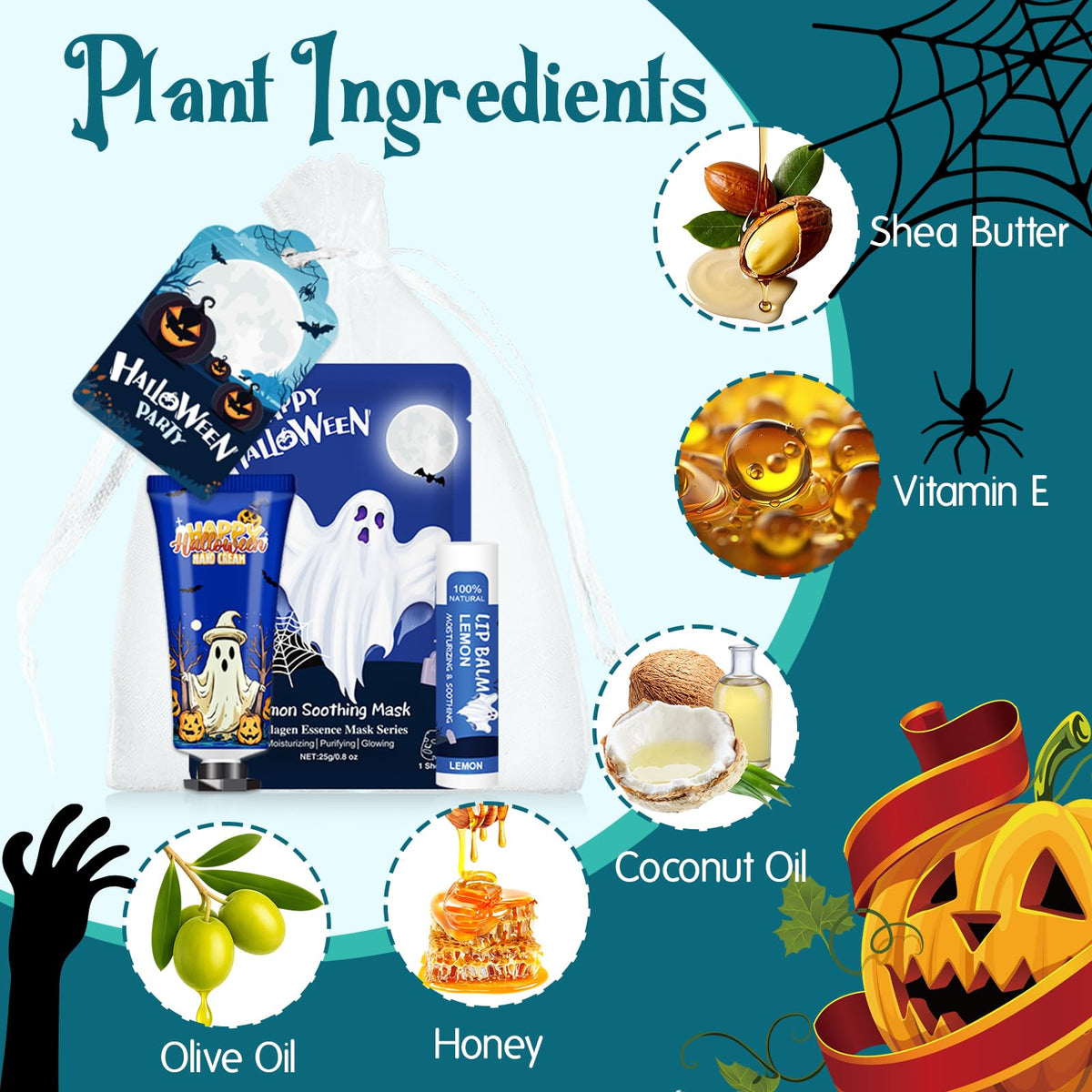 50 Pack Halloween Hand Cream, Facial Mask and Lip Balm Set, Bulk Halloween Gifts for Women, Halloween Decorations, Halloween Party Favors, Halloween Basket Stuffers and Halloween Skincare