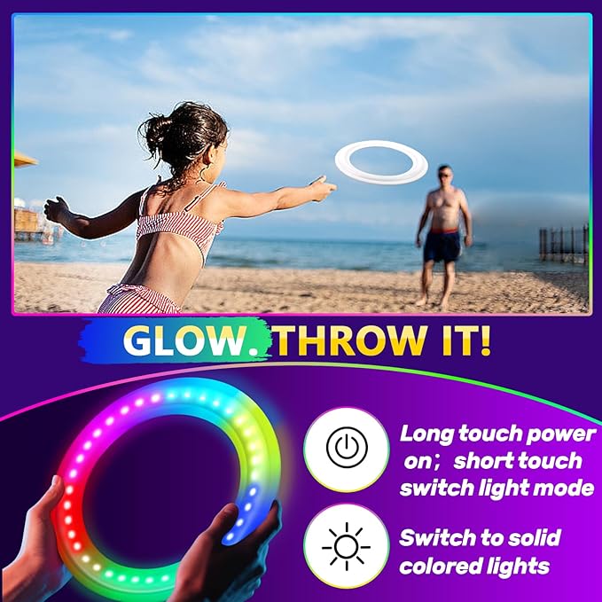 Amarlozn Light up Flying Ring Disc Toy for Kids Adults, 10" Rechargeable 12 Dynamic Modes Glow in The Dark Flying Ring, Led Flashing Beach Sport Disc, Outdoor Park Yard Night Camping, Toss Catch Game