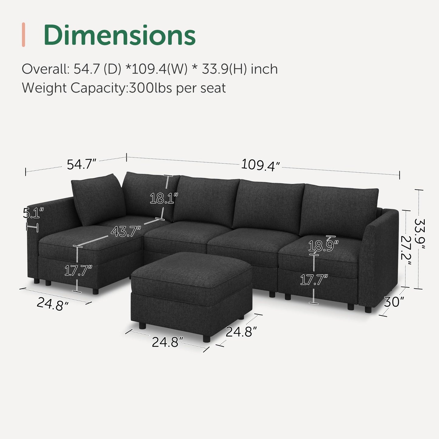 HONBAY Modular Sectional Couch L Shaped Sectional Sofa with Storage, Convertible Couches for Living Room - Linen Grey