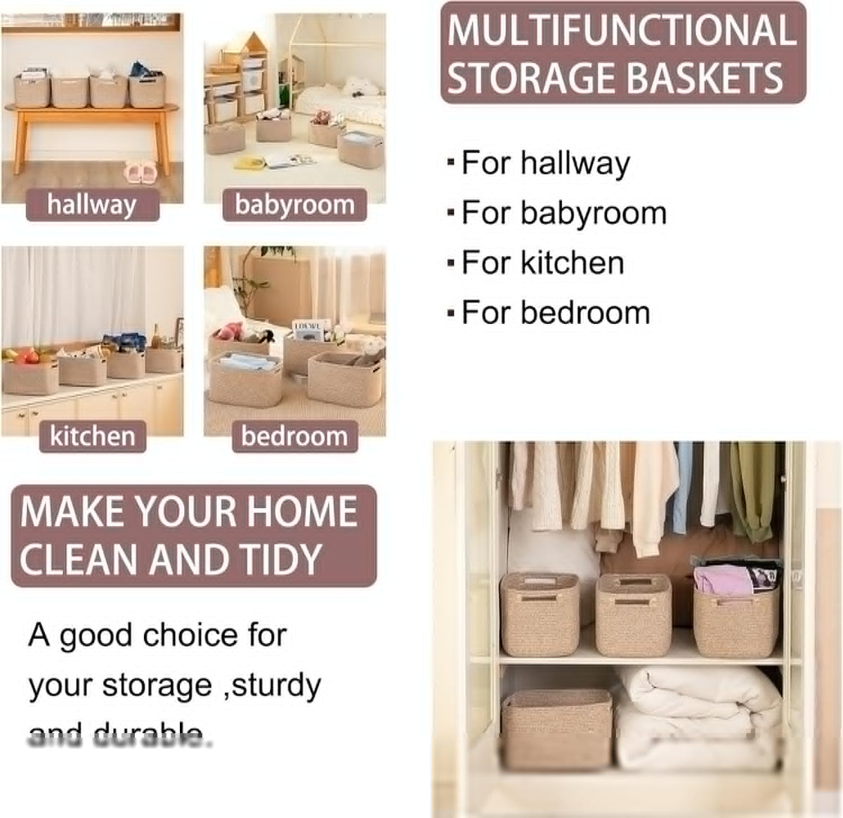 OIAHOMY Storage Baskets - 4 Pack Woven Cube Organizers with Handles | 12.7''L x 9''W x 7.8''H, Brown