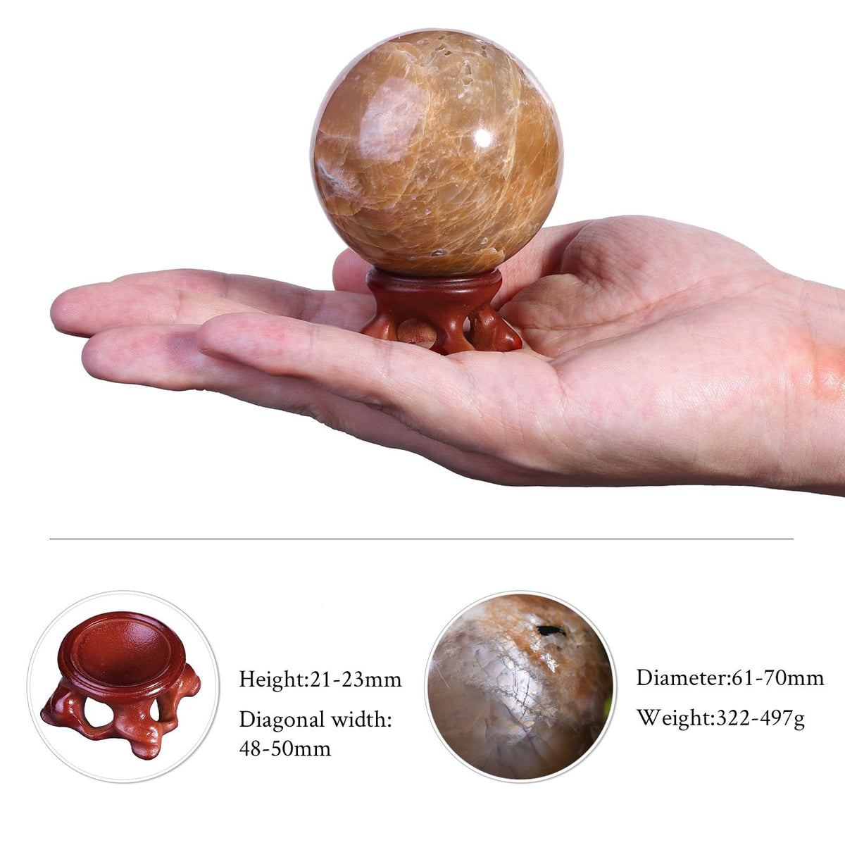 TUMBEELLUWA Orange Moonstone Crystal Ball with Stand for Fortune Teller Witchcraft Divination, Decorative Gemstone Sphere for Home Decor, 61-70 mm