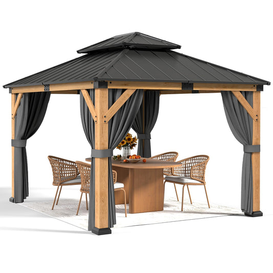Jocoevol 10' X 12' Wood Gazebo Hardtop Outdoor Permanent Pavilion with Double Galvanized Steel Roof, Curtains and Netting, Snow Support, Wind Resistance, for Backyard Garden, Lawns, Patio