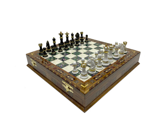 Antochia Crafts 16.5 Inches Large Chess Set - Wooden Chess Board with Mosaic Details and Legendary Hand Painted Luxury Chess Pieces (Green)