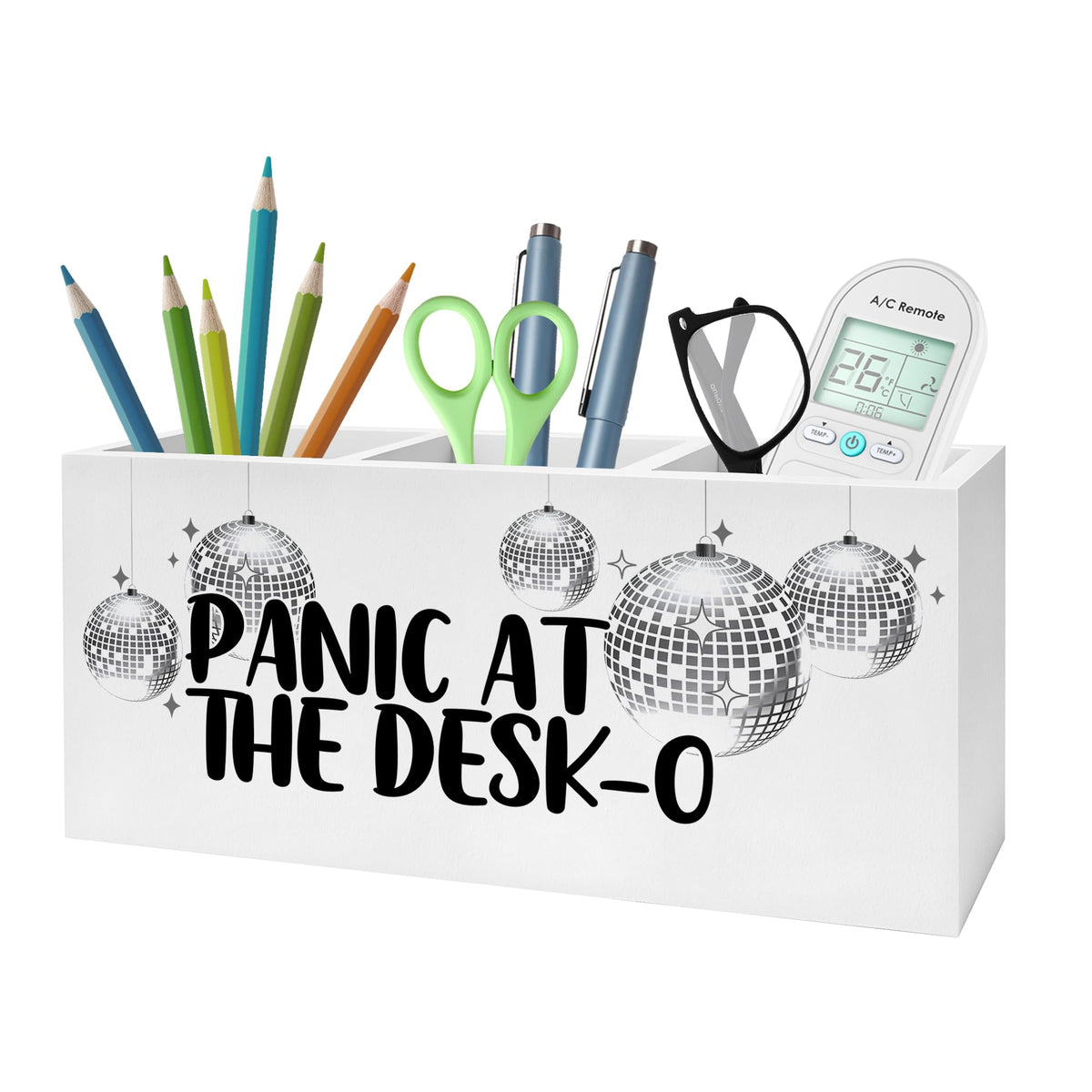 FITIE Funny Trendy Disco Ball Pencil Pen Holder for Desks, Panic at the Desk-O Mental Health Wooden Pencil Holder Organizer for Home Office Desk Accessories, Office Humor Gifts for Women