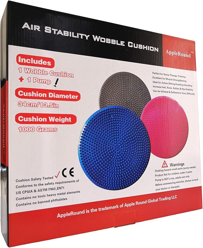 AppleRound Inflated Wobble Cushion with Hand Pump, Air Stability Board (Extra Thick), Core Balance Disc for Adults, Sensory Wiggle Seat for Kids, Flexible Seating for All Age, 13.5in / 34cm Diameter