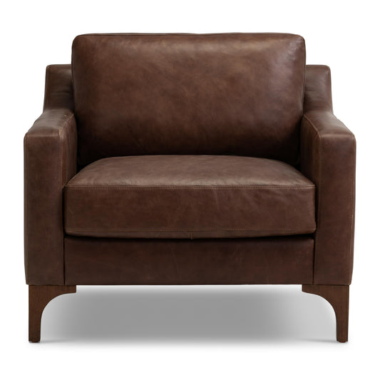 Poly & BARK Sorrento Leather Lounge Chair – Full-Grain Chocolate Brown Leather Upholstery with Feather-Blend Cushions – Modern Upholstered Accent Chair for Bedroom or Living Room – Lounge Seating