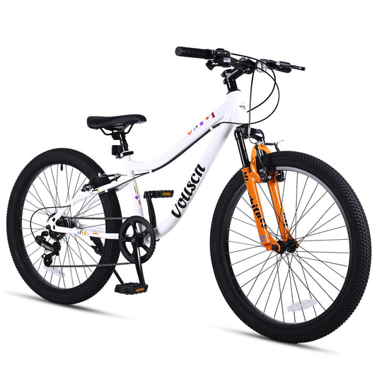 vollsch 24 Inch Kids Mountain Bike for 9-15 Years Old Boys Girls Teens 6-Speed Child MTB Bicycle with Front Suspension Fork, White with Orange Fork
