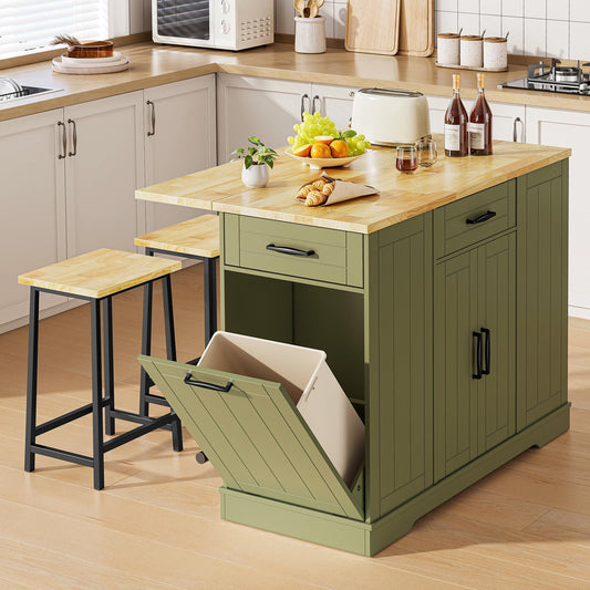 ONBRILL Stationary Kitchen Islands Include 2 Chairs, 47" Kitchen Island with Drop Leaf, Home Bar Table with Spice Rack & with Trash Cabinet, Island Table for Dining Room with Power Outlet, Green