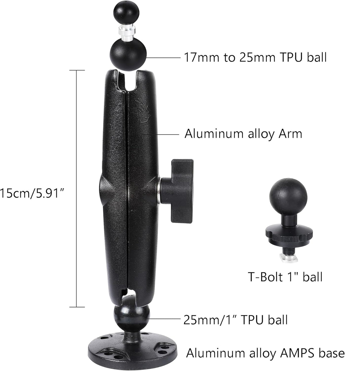 Leenconghui 5.9" 17-25mm (5/8"-1") Heavy-Duty GPS & Phone Mount Holder with Long Arm - Universal Ball Adapter/T-Bolt