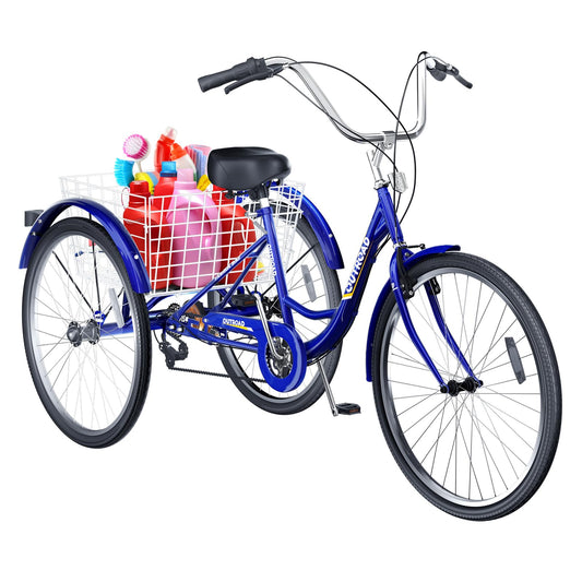 Brightpeak 7 Speed Adult Tricycle, 26 inch 3 Wheel Bike with Large Basket for Women Men Seniors, Cruiser Trike for Outdoor, Shopping, Picnic, Recreation (Blue)