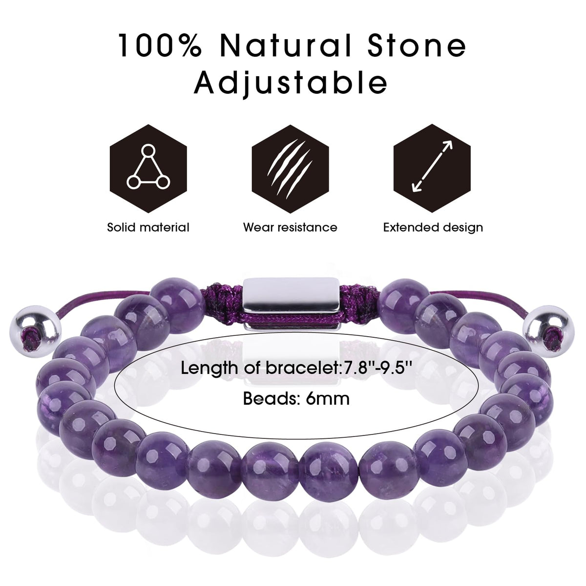 CARITATE Purple Amethyst Bracelet for Women 6mm - Beaded Bracelets for Women Amethyst Bracelet for Women Jewelry Adjustable - Anniversary Valentines Mothers Birthday Gifts for Her Girlfriend Wife