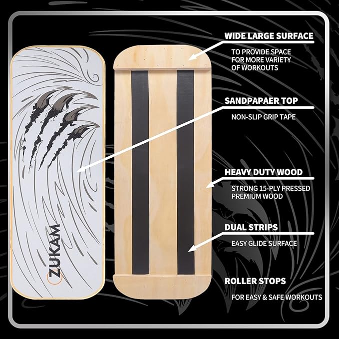 Balance Board Trainer, Wooden Balancing Board with Workout Guide to Exercise and Build Core Stability, Wobble Board for Skateboard, Hockey, Snowboard & Surf Training