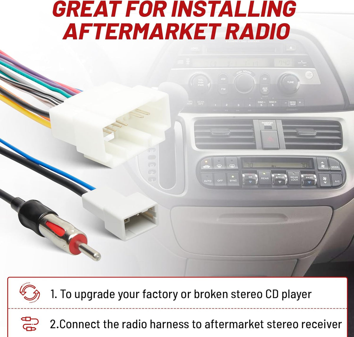 1998-2005 1998-2002 2005-2006 RED WOLF Radio Wire Harness w/Antenna Adapter for Select Honda Civic Accord, Acura MDX