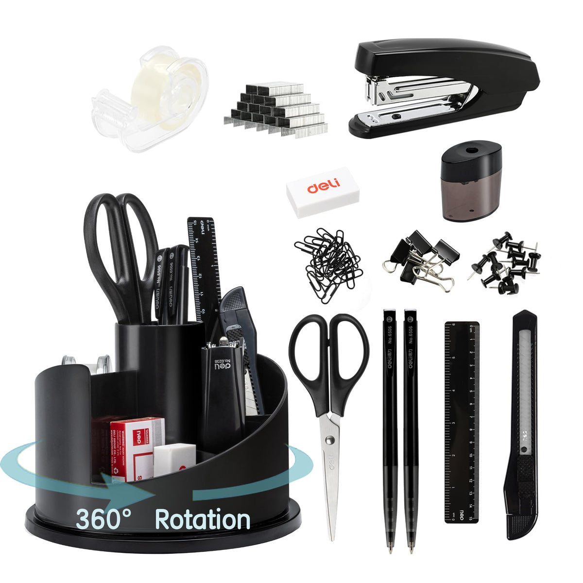 deli Office Supplies Set, 1045 Pcs-Desk Accessory Organizer Kit, Stapler Set, Rotating Multi-Functional Pen Holder, Tape Dispenser, Pens, Binder Clips, Sharpener, Scissor, Eraser, Black