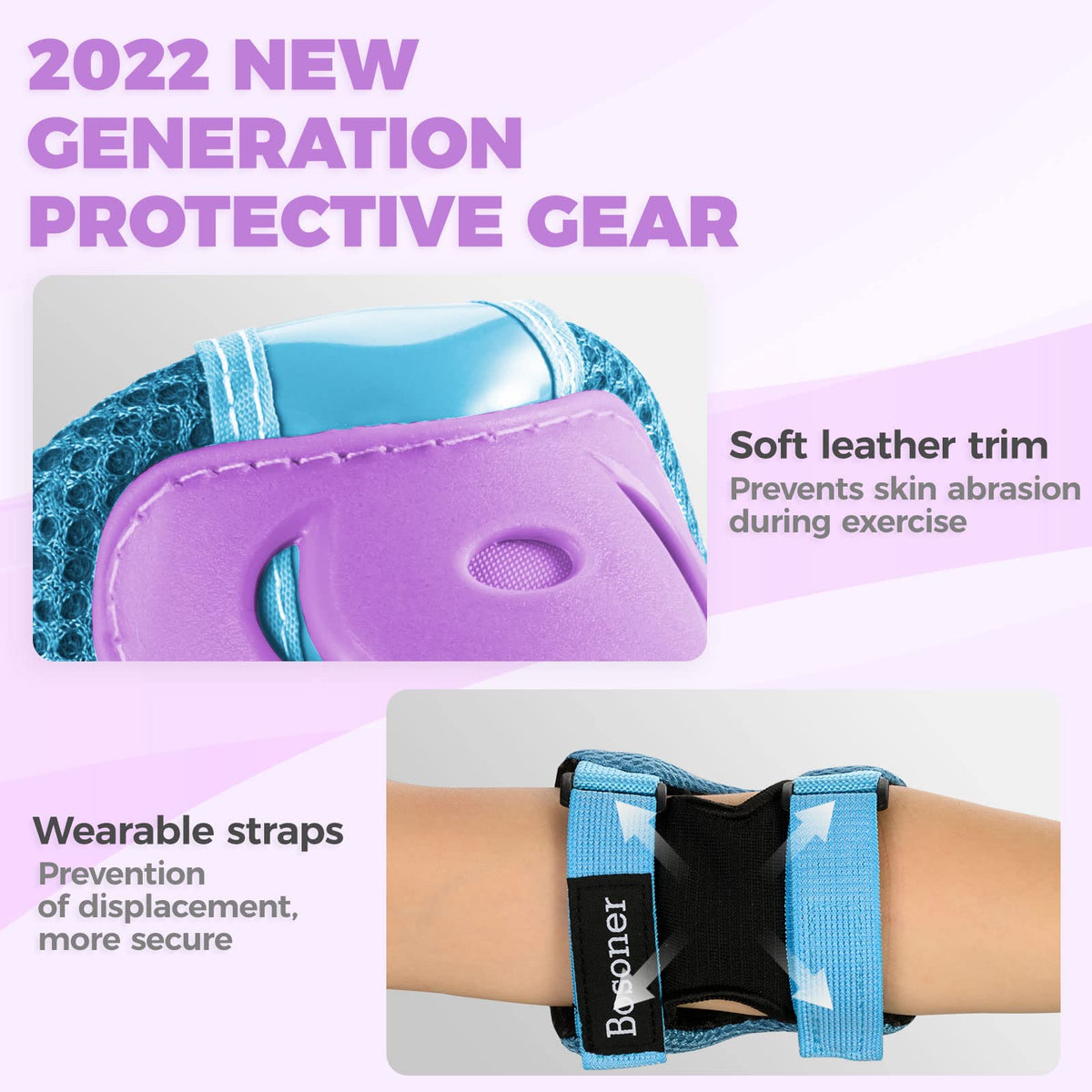 BOSONER Knee Pads for Kids Roller-Skating - Adjustable Protective Gear Set Knee Elbow Pads Wrist Guards for Bike Cycling Skateboarding Scooter Gifts 3-8/9-15 Years Boys Girls (Blue Purple)