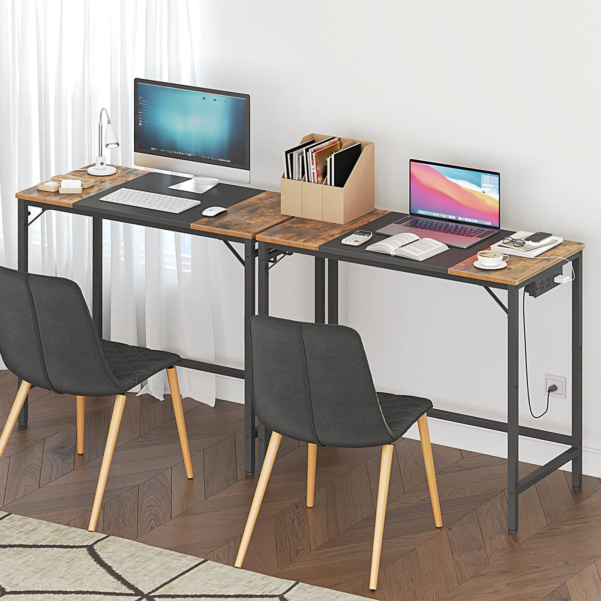 HOOBRO Computer Desk, Home Office Desk with Power Outlet, Modern Study Writing Desk with 3 Hooks for Study Room, Home Office, Sturdy and Stable, Easy to Assemble, Rustic Brown and Black BF40UDN01