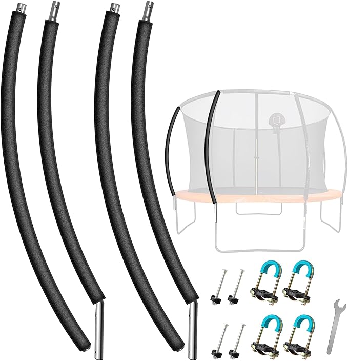 2PCS Trampoline Curved Poles, Universal Trampoline Replacement Enclosure Poles to Fit 8-16FT Curved Pole Frame, Includes Foam Sleeve and Hardware with 2 Installation Options