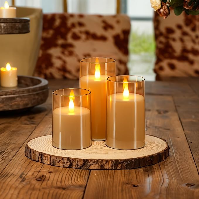 Homemory Realistic Flickering Flameless Candles, Battery Operated Candles with Remote Control and Timer, LED Fake Electric Candle for Home, Christmas Decoration, Gold, Set of 3