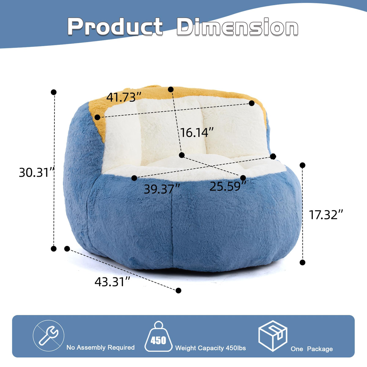 Oversized Bean Bag Chairs,Multicolor Faux Fur Couch Filled with Shredded Sponge,Large Lounger Sofa for Living Room,No Assembly Required, Blue+White+Yellow