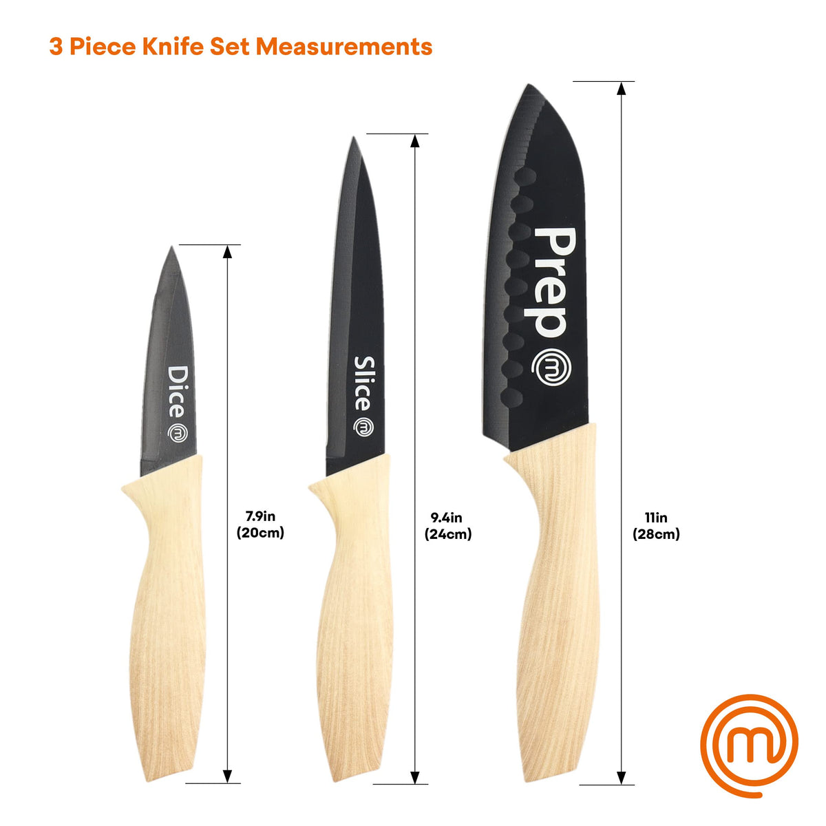 MasterChef Knife Set of 3 Kitchen Knives for Cooking (Chef, Paring & Utility), Professional Sharp Stainless Steel, Non Stick Blades & Soft Touch Handles, Easy Grip, Natural Collection, 3 Piece