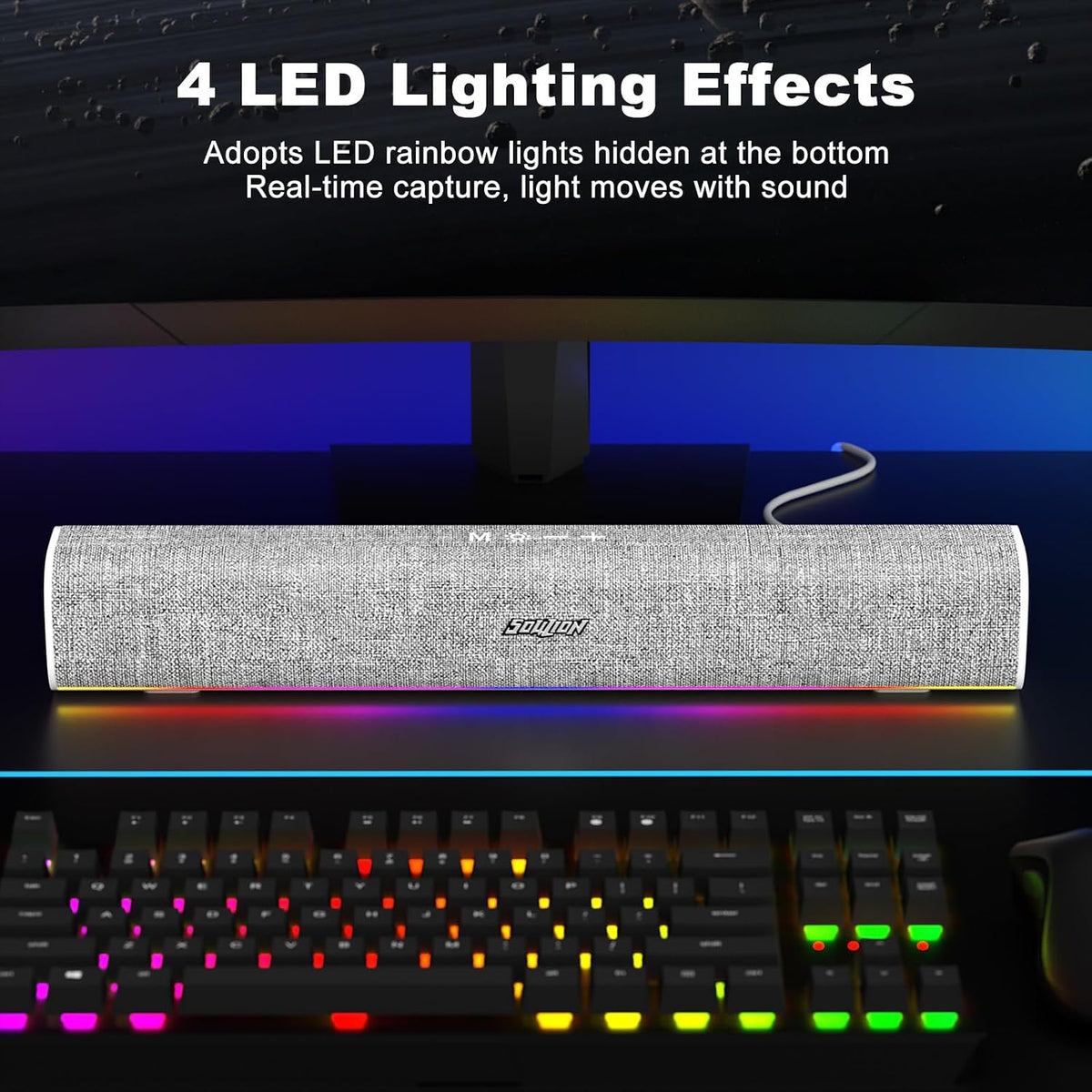 SOULION R100 Bluetooth Computer Speakers with Dynamic LED Light, USB Plug & Play PC Speakers with Switch Button