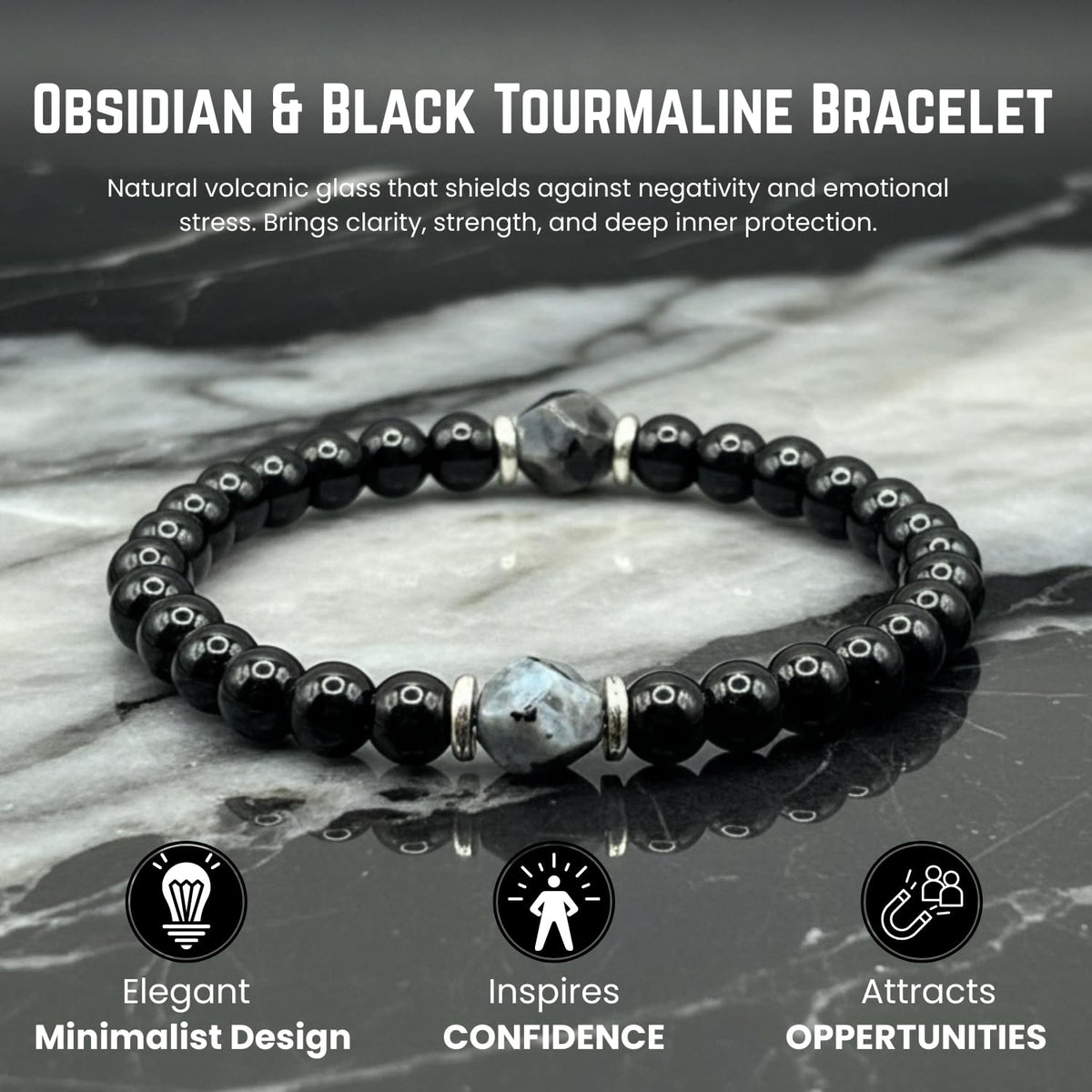 AKDNZ Obsidian & Black Tourmaline Bracelet for Women & Men - 6mm Manifestation & Protection Healing Crystal Bracelets, Handmade Spiritual Gemstones for Mother’s, Father’s Day, Christmas & Anniversary