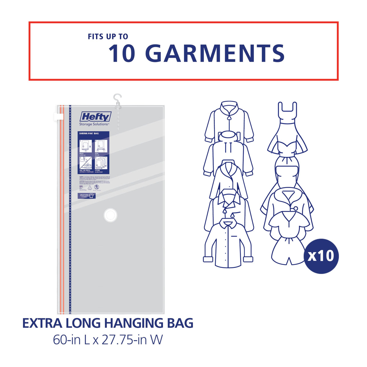 Hefty Hanging Compression Bags 3 Extra Long Vacuum Garment Storage Bags for Clothes, Travel, Closet Organization (60 X 27 Inches) (X-Large)