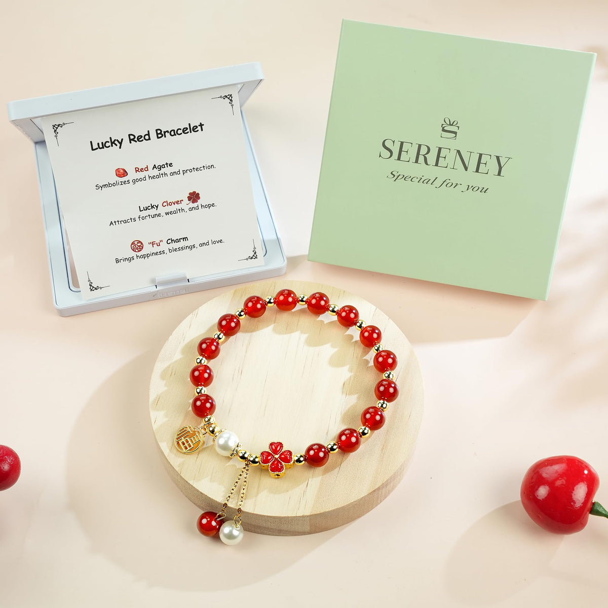 Sereney Lucky Agate Bracelet for Women, Red Agate Feng Shui Healing Protection Bracelet Bring Good Luck, Brithday Anniversary Mother's Day Gifts for Women