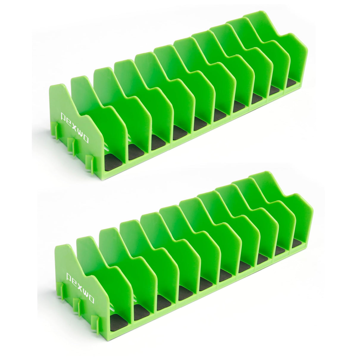 pexwo Plier Organizer & Rack (2-Pack, High-Vis Green) – 20-Slot Tool Storage for Toolbox Drawers – Non-Slip Rubber Base, Interlocking Modular Holders for Pliers, Cutters & Snips