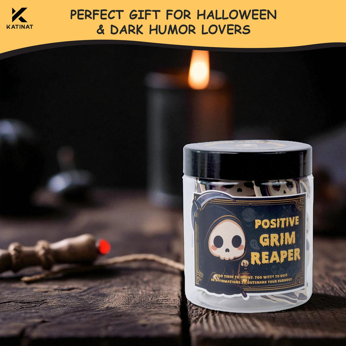 Emotional Support Grim Reaper – Positive Grim Reaper Jar, Dark Humor Spooky Gifts, Halloween Basket Stuffers for Adults Women Men & Funny Halloween Gifts for Adults, Coworkers, Boo Basket Stuffers