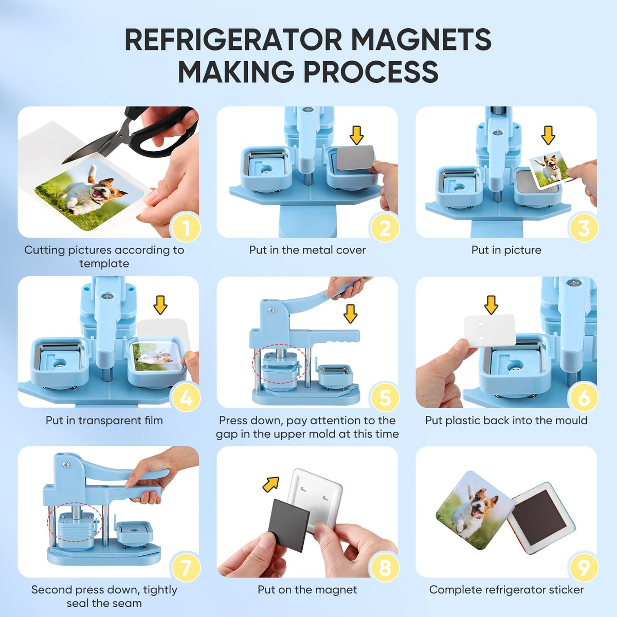 Square Magnet Button Maker Kit - Holographic Film 2'' x 2'' Button Press Machine with 100 Set Fridge Magnet Making Supplies(Metal Cover, Film, Back Inserts), for Craft, Home, Small Business