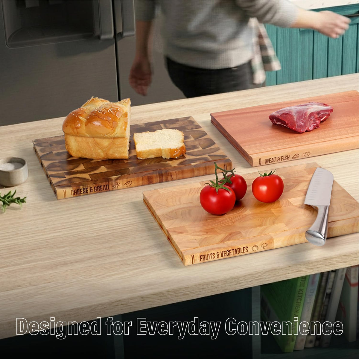 Book Cutting Board Set of 3 with Stand-The Cutting Board Library, Solid Wood Book-Shaped Boards for Serving & Display, Labeled Meat & Fish, Bread & Cheese, Fruits&Vegetables-Decorative Cutting Boards.